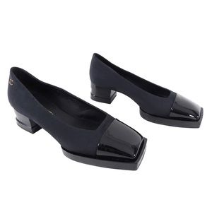 Authentic Chanel Black Square Cap Toe Block Heel Pumps - USA 7